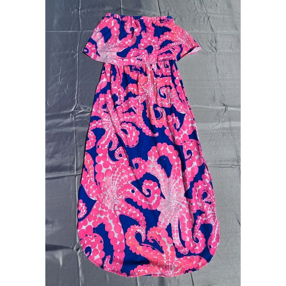 Lilly Pulitzer Meridian Midi‎ Dress XS Pink Blue Octopus Print Strapless Ruffle